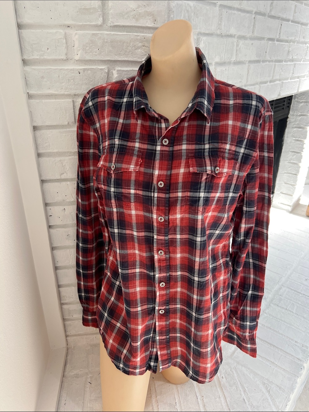 Red and Navy Plaid Casual Button-Down Shirt
